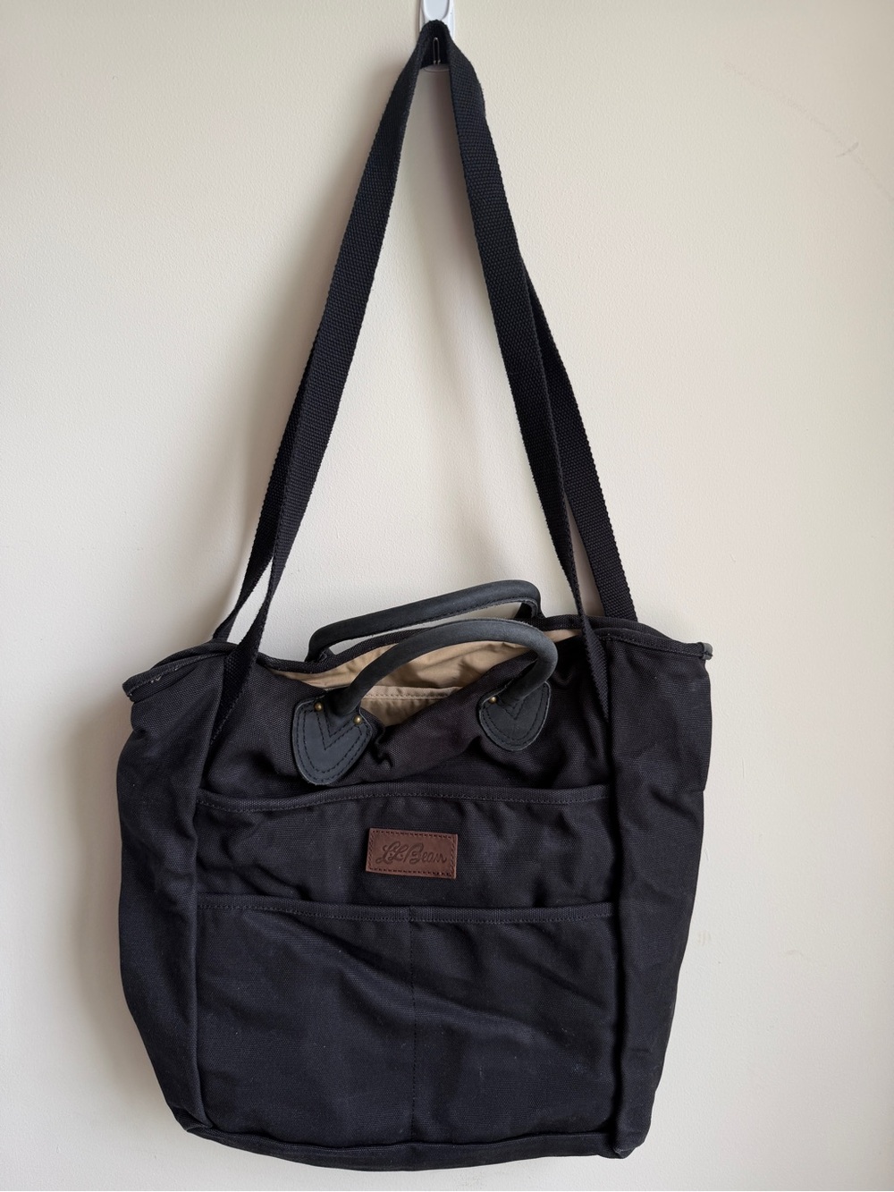 LL Bean Stonington Daily Carry Tote Black Canvas Leather Handles